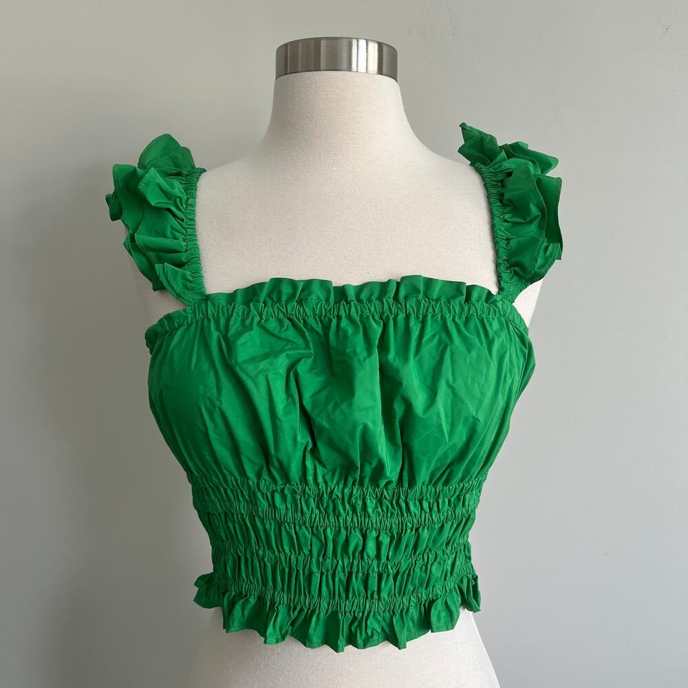 Maeve by Anthropologie Smocked Ruffle Cropped Top Kelly Green 4 NWT